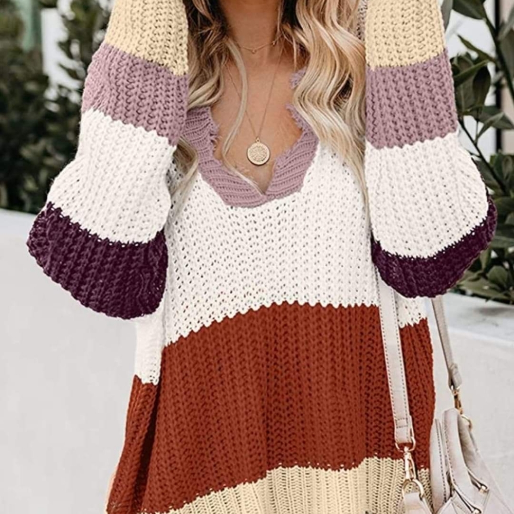 Women V-Neck Long Sleeve Loose Ripped Pullover Knit Sweater Crop Top Large only